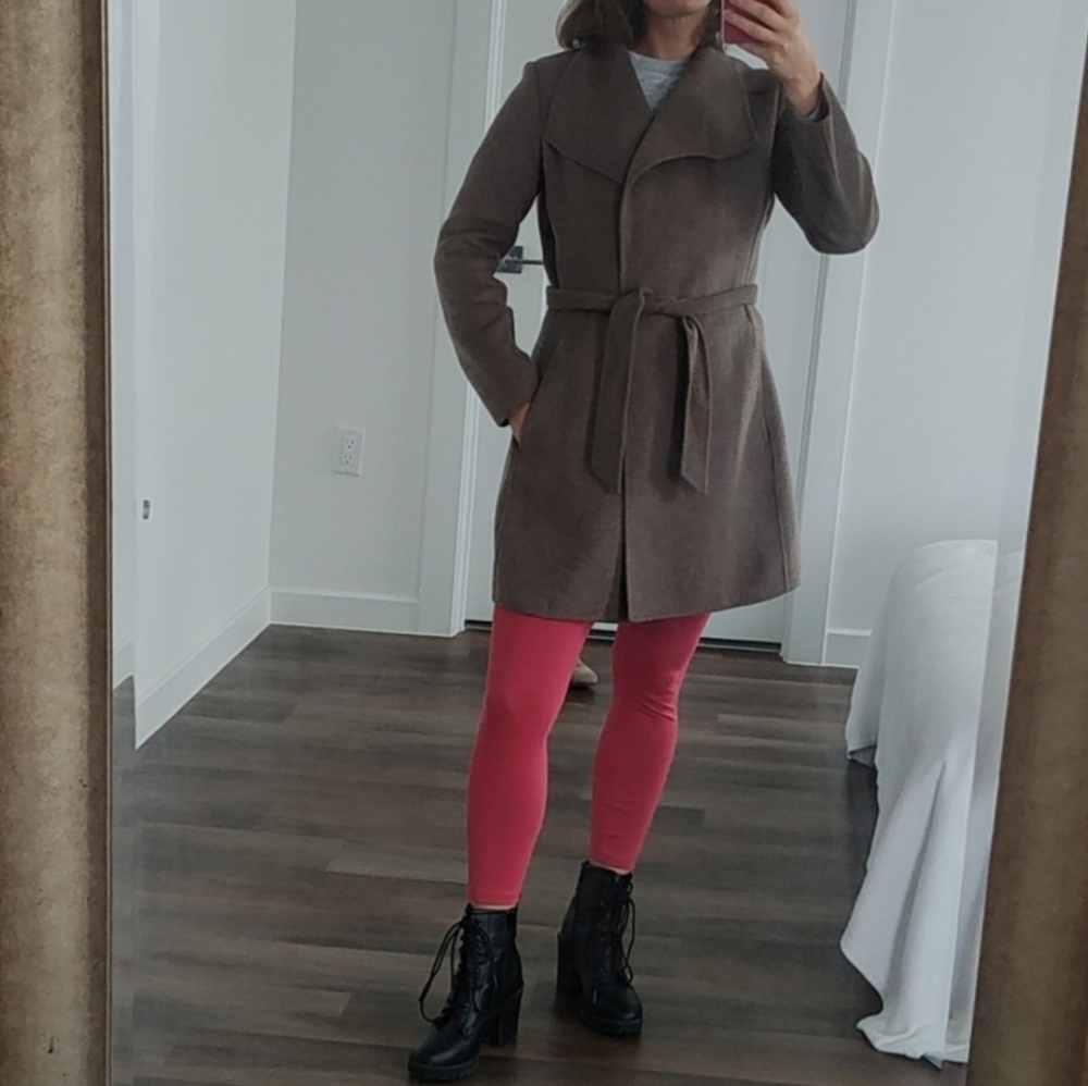 Brown Belted Coat with Pink Leggings